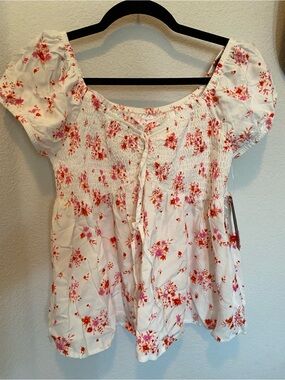 Women’s White Floral Smocked Peasant Top - Pink & Orange Print